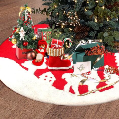 Tapis sapin de Noël, base de sapin de Noël de 90 cm, adapté aux décorations de Noël et aux décorations festives, fond rouge avec des flocons de neige (1/4)