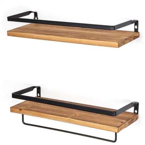Barres de serviette de bain, 2 pièces étagères flottantes étagère porte-épices étagère de rangement de shampoing avec barre de serviette étagère de salle de bain accessoires de cuisine (light wood col (1/3)
