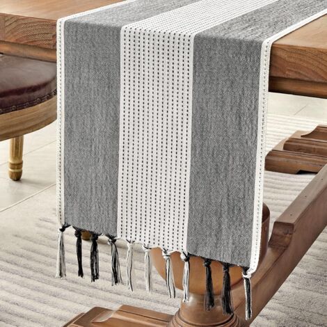Chemin de Table en Coton Lin de 120cm de Long avec Glands à la Main Chemin de Table pour café, Style Fermier pour Les fêtes et l'usage Quotidien (Gris foncé, 120cm)