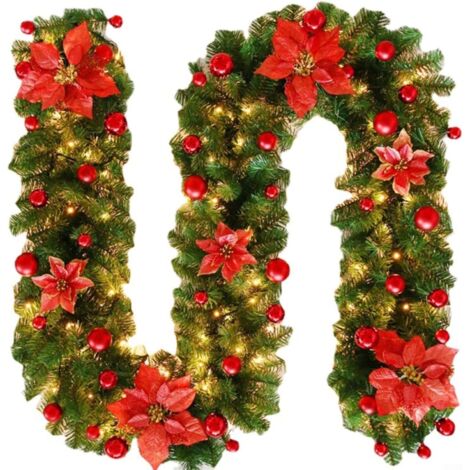 Guirlande de Noël imperméable de 2,7 m, décorations de sapin de Noël, décoration de porte de Noël, guirlandes de Noël pour escaliers pour fêtes de Noël (rouge) (1/5)