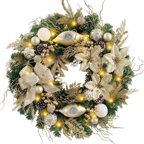 Couronne de Noël illuminée de 45 cm pour porte d'entrée, couleur champagne doré, avec boules, poinsettia, ruban, pommes de pin (1/5)