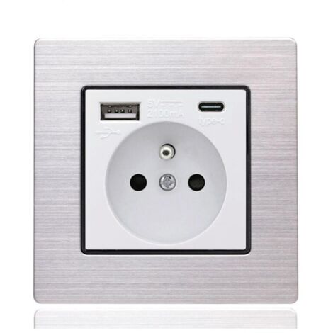 Panneau de prises françaises Type-c+USB16A Type 86, nombre de prises : 2 trous, nombre de ports USB : 1, nombre de ports type-c : 1, sûr et ferme(acier inoxydable à angle droit, blanc) (1/5)