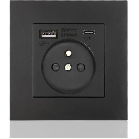 Panneau de prises françaises Type-c+USB16A Type 86, nombre de prises : 2 trous, nombre de ports USB : 1, nombre de ports type-c : 1, sûr et ferme(carré noir) (1/4)
