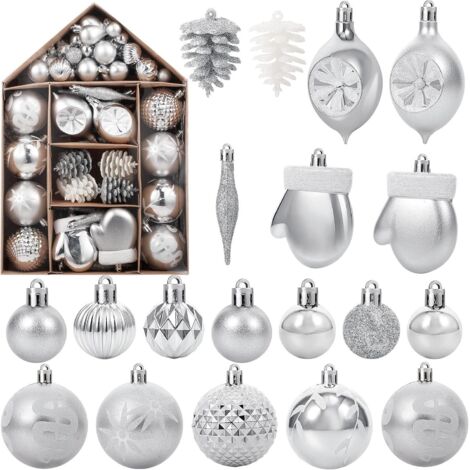 Ensemble de 70 boules de Noël assorties à suspendre, avec boucle, pour décorer votre sapin et profiter des fêtes de fin d'année (argent, pomme de pin) (1/5)