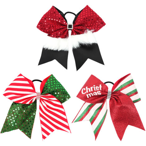 Lot de 3 nœuds de Noël à paillettes pour cheveux, grands nœuds en ruban de Père Noël, accessoires de décoration, pom-pom girl, pour femme, cadeau de Noël, d'anniversaire, de sport, de fête (1/5)
