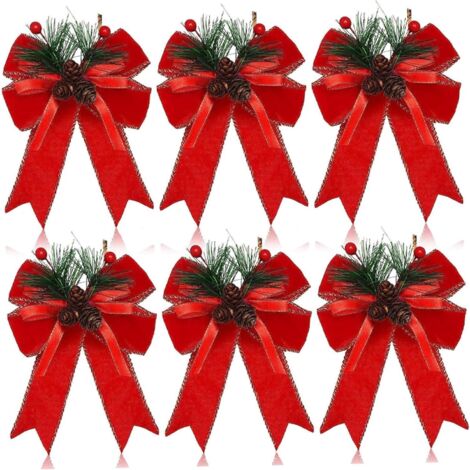 Lot de 6 nœuds de Noël avec Pommes pin, Aiguilles pin, nœuds Rouges en Velours Noël, décoration Couronne d'arbre pour intérieur et extérieur, décoration Bricolage, Artisanat (1/5)