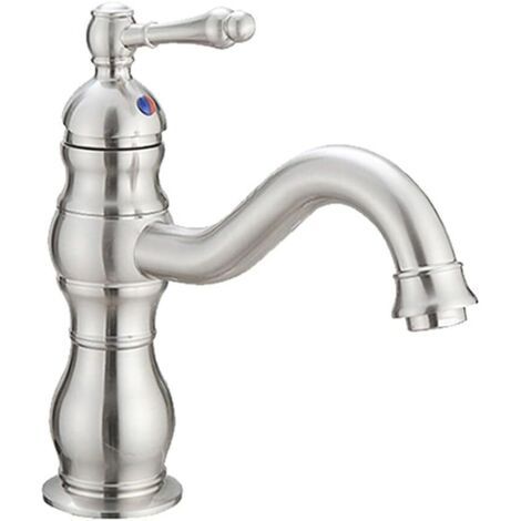 Robinets de lavabo de salle de bain à trou unique, robinet de lavabo à levier unique (nickel brossé, court, Équipé d'un tuyau de 60 cm de long de spécification 3/8'') (1/5)