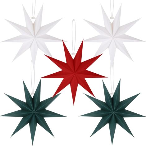 Lot de 5 lanternes étoiles en papier à suspendre, 30cm, rouge, vert et blanc, décorations de fête de Noël, abat-jour, décorations de mariage, d'anniversaire, de Noël, de maison (9 branches) (1/5)