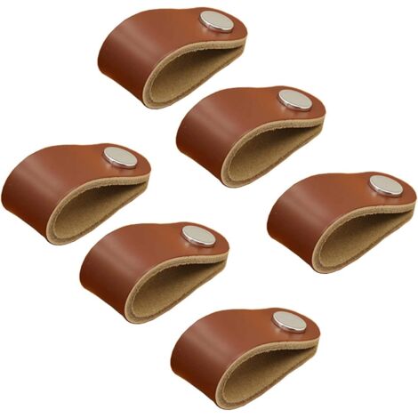Lot de 6 poignées en cuir, poignées de meubles en cuir, poignées de bouton en cuir, poignées d'armoire en cuir, poignées d'armoire de cuisine en cuir, boucle ronde chromée (marron)