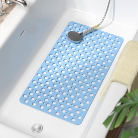 Tapis de bain antidérapant, anti-moisissure, TPE, tapis de douche antidérapant, antibactérien, avec ventouse et trous de drainage, parfait pour la sécurité de tous, bleu 43 x 75 cm.