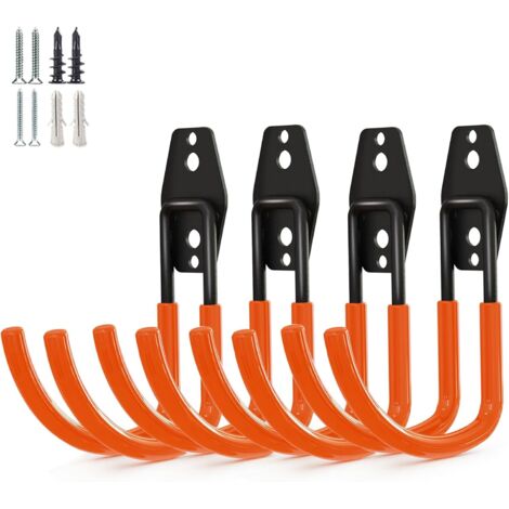 Lot de 4 crochets de rangement robustes pour garage, fixations murales en acier, grands crochets en J pour rangement d'outils, orange (1/5)