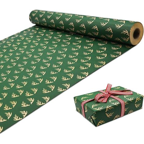 Rouleau de papier cadeau de Noël, 43 cm x 3 m, grand rouleau de papier cadeau kraft de Noël, papier kraft recyclé, bois d'élan (1/5)