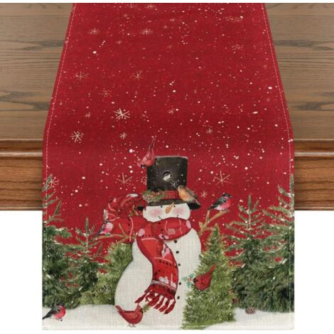 Chemin de table de Noël thème bonhomme de neige rouge décoration saisonnier hiver Noël joyeuses vacances cuisine nappe 171 cm de long adapté aux réunions de famille en extérieur 33X171 cm (1/5)