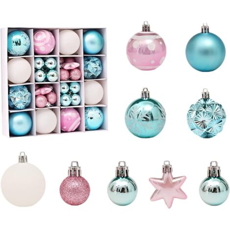 Boules de Noël en plastique rose et bleu, 42 pièces de boules de Noël, décorations d'arbre de Noël avec différents motifs, décorations de Noël (1/5)
