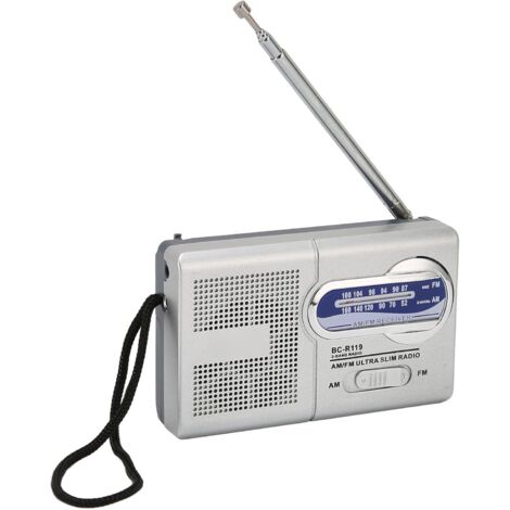 Radio d'urgence à transistor AM/FM alimentée par batterie avec haut-parleur et prise casque pour voyage, camping, cadeau pour parents (gris argenté)