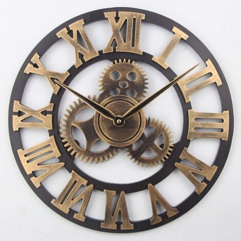Grande horloge murale rétro 3D, silencieuse, sans tic-tac, en bois, style vintage, à quartz, pour la décoration de la maison et du salon (chiffres romains dorés, 40 cm)
