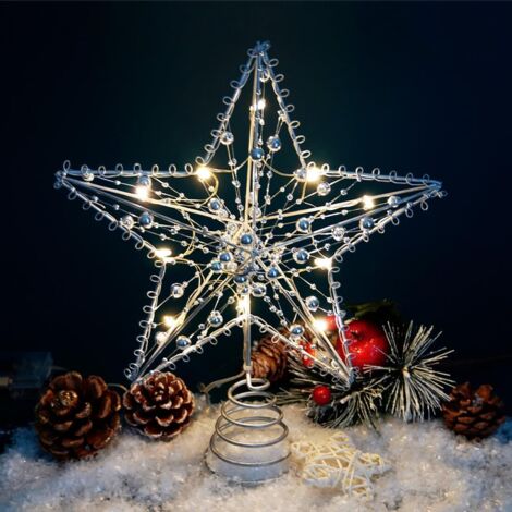 Décoration de sapin de Noël à LED 25 x 30 cm - Étoile à cinq branches ronde argentée avec mini LED, décoration de sapin de Noël à cinq branches (1/5)