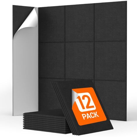 Lot de 12 panneaux muraux acoustiques autocollants, 30 x 30 x 0,9 cm, panneaux acoustiques haute densité pour studios, chambres et salons, noir (1/5)