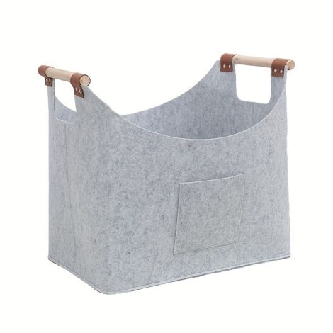 45 x 32 x 40cm Panier à Bois de Chauffage, Panier en Bois Feutré, Panier Rangement avec Poignée en Bois, Panier Pliable en Feutre, pour Bois, Journaux, gris clair (1/5)
