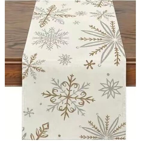 40x140cm, Chemin de table Flocons de neige de Noël, décoration de table hivernale avec flocons de neige dorés et argentés pour les fêtes de fin d'année (1/4)