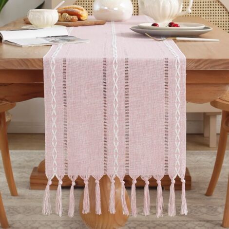 Chemin de table en lin rose, 33 x 200 cm, avec pompons, convenant à la salle à manger, la cuisine, le coin lecture et la décoration (1/5)