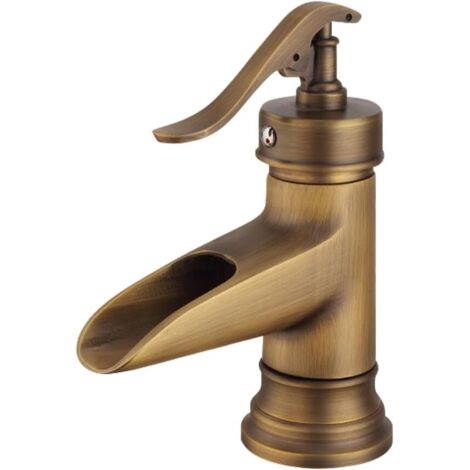 Robinet de lavabo cascade à levier unique, robinets de salle de bain classiques à un trou, robinet d'eau chaude et à eau froideo (antique, court, A) (1/5)