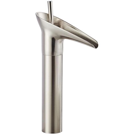 Robinet de lavabo cascade à poignée unique, montage sur plage, robinet de lavabo vasque monotrou, pour eau chaude et froide(Nickel brossé, haut) (1/5)