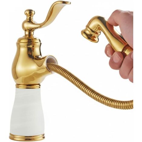 Robinet de lavabo monotrou à montage sur plage avec douchette extractible et poignée unique, robinet d'eau chaude et à eau froideo (Blanc, Or B Court) (1/5)