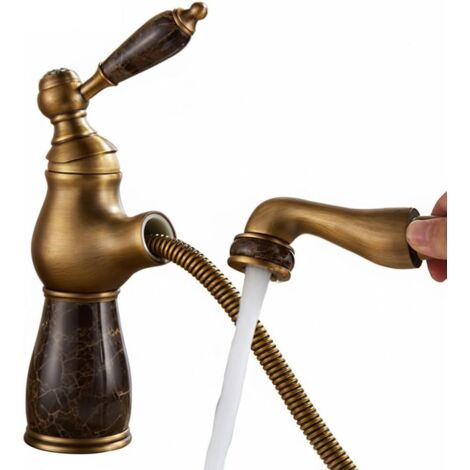 Robinet de lavabo monotrou à montage sur plage avec douchette extractible, robinet d'eau chaude et à eau froideo(Brun, finition courte antique) (1/5)