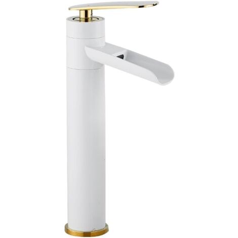 Bassin Robinet à trou de salle de bain robinet d'eau chaude et à eau froide, blanc et or, haut, robinet de salle de bain, de lavabo monotrou (1/5)