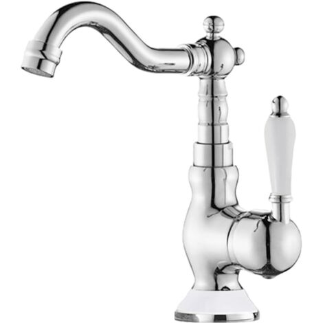 Robinet de lavabo à poignée unique et col de cygne, pivotant à un trou, robinet d'eau chaude et à eau froideo,poli,court, base et poignée en céramique (1/5)