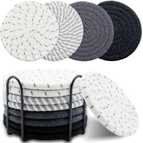 Un ensemble de 8 sous-verres absorbants en tricot de coton, parfaits pour la décoration du salon, 4,3 pouces (noir et gris). (1/5)