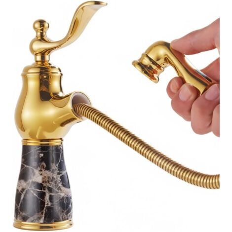 Robinet de lavabo monotrou à montage sur plage avec douchette extractible et poignée unique, robinet d'eau chaude et à eau froideo (Brun, Or B Court) (1/5)