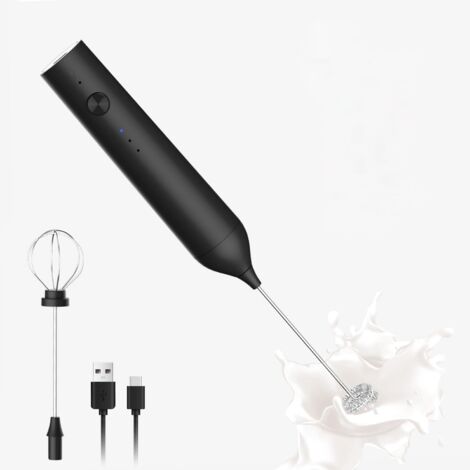 Mousseur à lait rechargeable, mousseur à lait électrique à 3 vitesses, avec poignée et accessoire fouet (noir). (1/5)