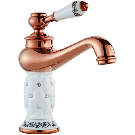 Robinet de lavabo monotrou avec poignée à levier unique, de luxe pour lavabo de salle de bain, robinet d'eau chaude et à eau froide (or, céramique) (1/5)