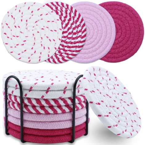 Un ensemble de 8 sous-verres absorbants en tricot de coton, parfaits pour la décoration du salon, 4,3 pouces (rose). (1/5)