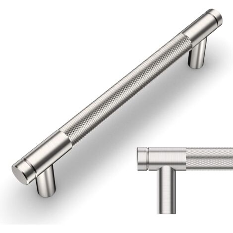 Lot de 2 poignées de meuble moletées en nickel satiné brossé, entraxe de 128 mm, pour tiroirs, commodes, placards et armoires de cuisine (1/3)