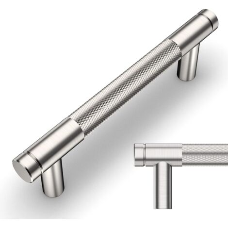 Lot de 2 poignées de meuble moletées en nickel satiné brossé, entraxe de 96 mm, pour tiroirs, commodes, placards et armoires de cuisine (1/4)