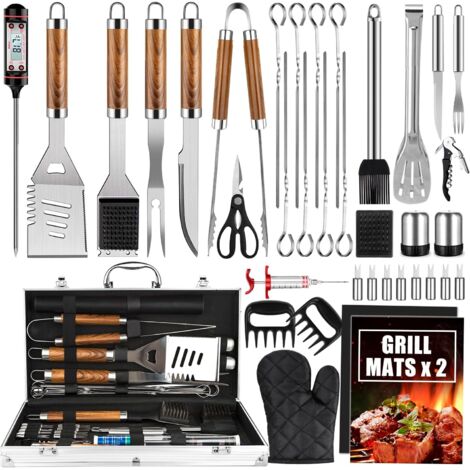 Ensemble d'accessoires pour barbecue, 38 pièces en acier inoxydable avec étui, thermomètre et tapis de cuisson pour barbecue en camping ou dans, Brun (1/5)
