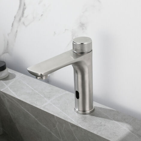 Robinet à capteur infrarouge, eau chaude et froide, tuyau d'entrée de 3/8'', montage sur comptoir, alimenté par batterie, convient aux lavabos, argent (1/5)