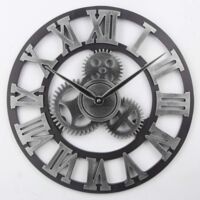 Large 3D Retro Wall Clock, Silent Non-Ticking Wooden Gear Wall Clock Rustic Vintage Quartz Clocks for Home Living Room Decoration (Silver-Roman Numbers, 40cm)