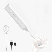 Mousseur à lait rechargeable, mousseur à lait électrique à 3 vitesses, avec poignée et accessoire fouet (blanc).