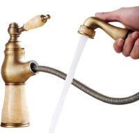 Robinet de lavabo monotrou à montage sur plage avec douchette extractible, robinet d'eau chaude et à eau froideo(Jaune, finition courte antique)