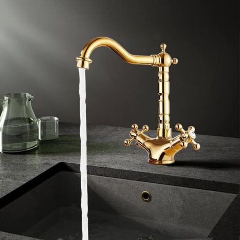 Rubinetto per lavabo alto moderno con acqua calda e fredda - Oro spazzolato