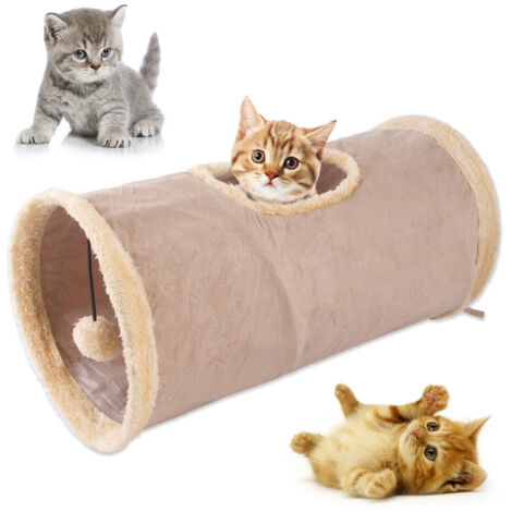 Túnel plegable para gatos, túnel de juego para gatos, túnel de juego de gamuza resistente con pelota color caqui (1/3)