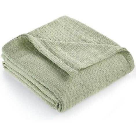 Cubrecama de algodón puro, edredón cálido para cama doble, manta suave y acogedora, manta ligera de otoño de 109 x 150 cm, tejido liso (verde)