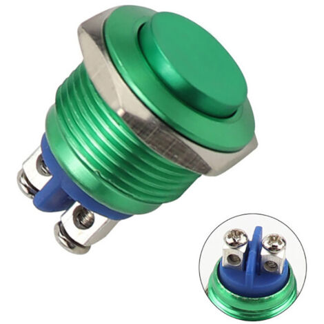 Interruptor pulsador redondo de acero inoxidable, 220 V, 16 mm, resistente al agua, con reinicio automático, normalmente abierto, cabezal alto (verde) (1/4)