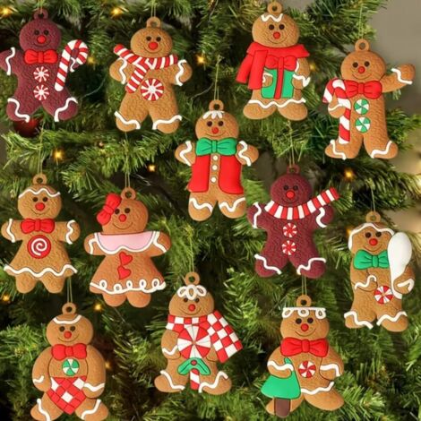 Juego de 12 adornos navideños colgantes con forma de hombrecitos de jengibre, ideales para decoración de fiestas y manualidades. (1/5)