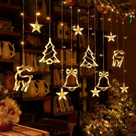 Guirnalda de luces navideñas, 120 LED con forma de estrellas, campanas y renos, decoración para ventanas, cortinas de luz con enchufe para jardines, hogares y decoración navideña (3,5 x 0,8 m, blanco (1/5)