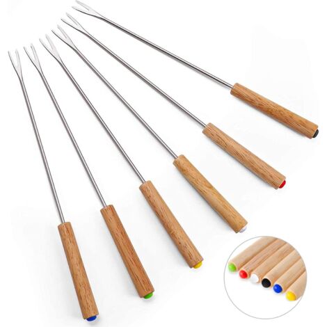 Juego de 6 tenedores para fondue de acero inoxidable, palitos para fondue de queso de 9,5 pulgadas con mangos de madera, para fondue de queso, malvaviscos asados y fruta. (1/5)